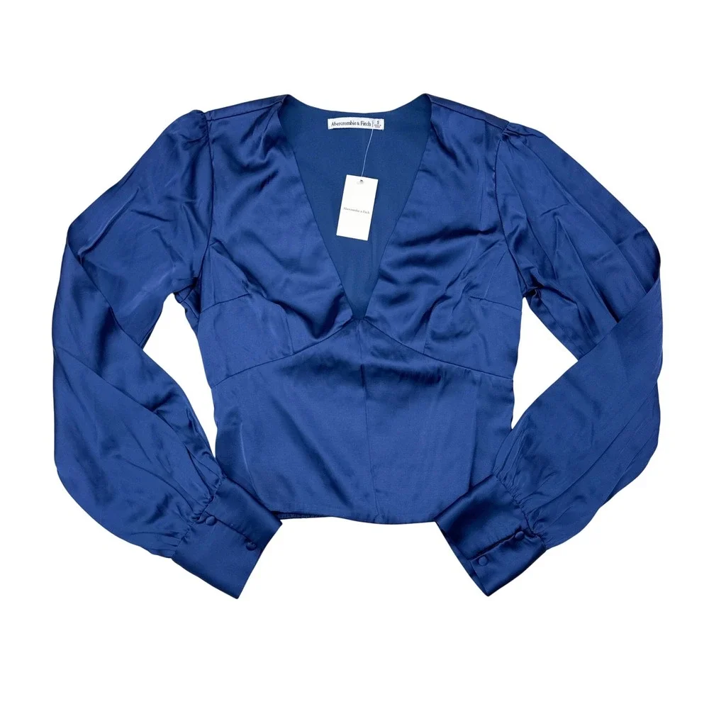 Abercrombie & Fitch Satin Puff Sleeve Top Womens Size Small Blue Party NEW